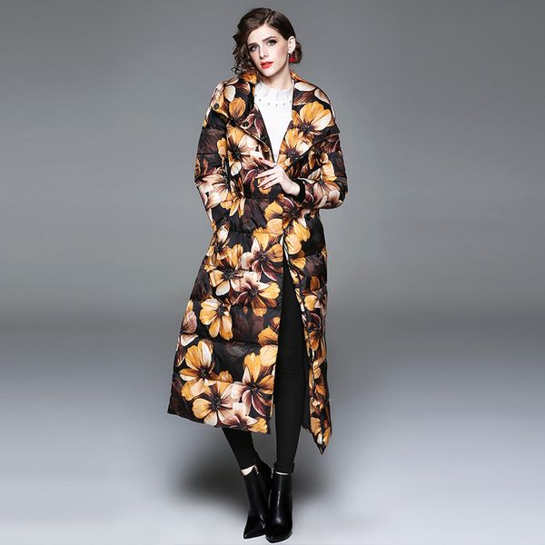 new printed warm white duck down jacket extended knee down dress for women in winter, Black
new printed warm white duck down jacket extended knee down dress for women in winter, Black