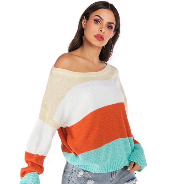 women colorblock knit shirt sweater loose round collar bat sleeve women's lazy wind outside wear, White
women colorblock knit shirt sweater loose round collar bat sleeve women's lazy wind outside wear, White