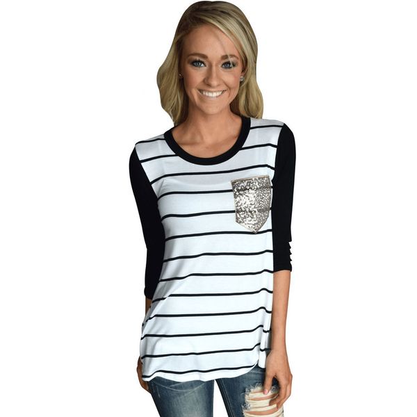fashion autumn striped t shirt women sequin round neck three quarter sleeve with pocket woman shirts ladies tshirts tee, White
fashion autumn striped t shirt women sequin round neck three quarter sleeve with pocket woman shirts ladies tshirts tee, White