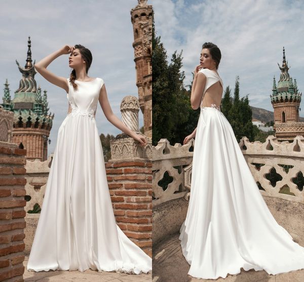 custom made beach wedding dresses 2019 backless sweep train lace applique bridal gowns cap sleeve robe de mariée, White 
custom made beach wedding dresses 2019 backless sweep train lace applique bridal gowns cap sleeve robe de mariée, White