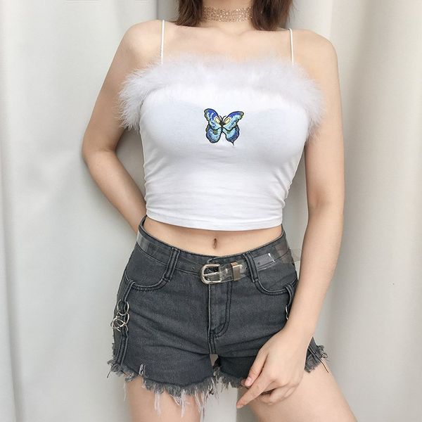 women feather patchwork cami butterfly embroidery crop spaghetti strap streetwear tank crop, White
women feather patchwork cami butterfly embroidery crop spaghetti strap streetwear tank crop, White