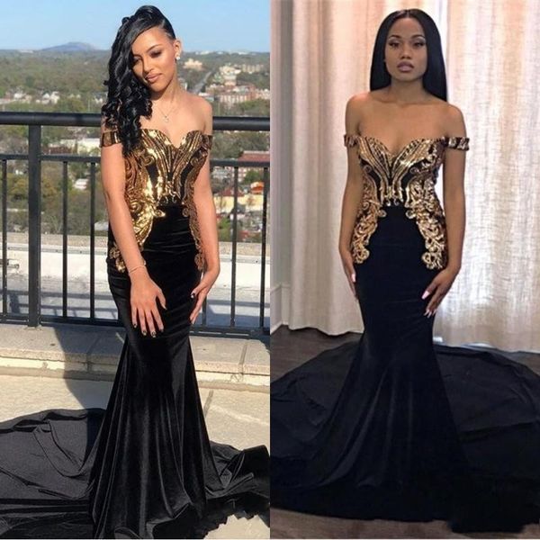 2019 elegant black gold metal appliqued mermaid prom reflective dresses off the shoulder black girls formal party evening gowns
2019 elegant black gold metal appliqued mermaid prom reflective dresses off the shoulder black girls formal party evening gowns
