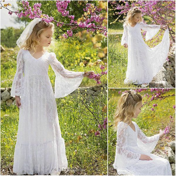 2019 latest arrival boho little girls holy communion gowns with long trumpet sleeves plunge v neckline lace holy communion dresses, White
2019 latest arrival boho little girls holy communion gowns with long trumpet sleeves plunge v neckline lace holy communion dresses, White