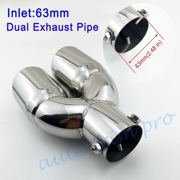 

chrome universal 2.5" 63mm diameter inlet car tail pipe exhaust muffler rear tip end throat dual outlet accessories