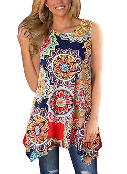 2019 women's round neck short sleeve floral print asymmetric hem shirt sleeveless vintage print tank vest, White
2019 women's round neck short sleeve floral print asymmetric hem shirt sleeveless vintage print tank vest, White