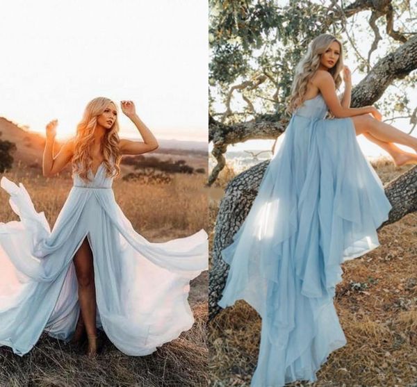 light blue high front slit prom dresses 2019 fashion deep v neck pleated chiffon long elegant party gown evening dress custom size, Black
light blue high front slit prom dresses 2019 fashion deep v neck pleated chiffon long elegant party gown evening dress custom size, Black