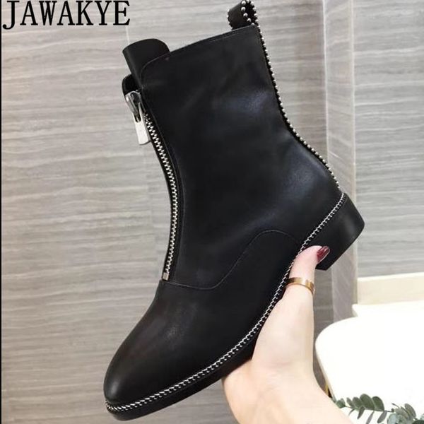 

front zipper leather ankle boots women rivets chain flat motorcycle boots runway cowboy knight black winter shoes woman