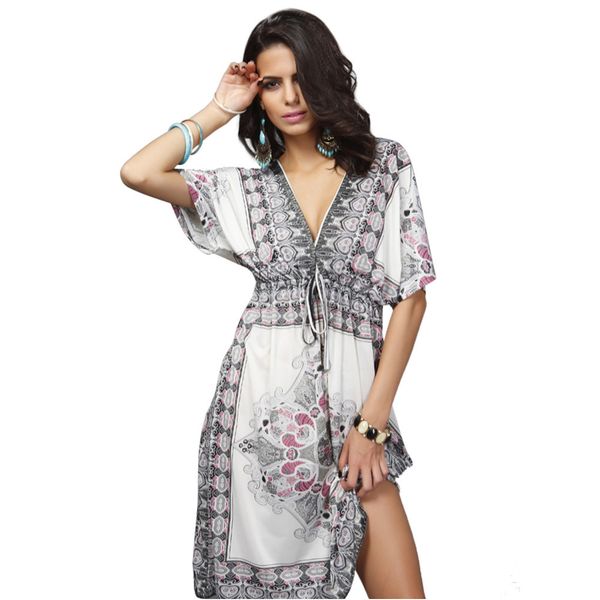 2018 large size xxl white beach printed cover up robe plage kaftan dress pareos for women beach tunic sarong swimsuit swimwear, Blue;gray