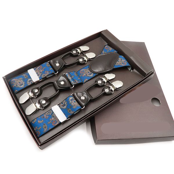 men's suspenders 2019 new men's 6 clip leather strap printing series 6 clip blue cashew garters, Black;white
men's suspenders 2019 new men's 6 clip leather strap printing series 6 clip blue cashew garters, Black;white