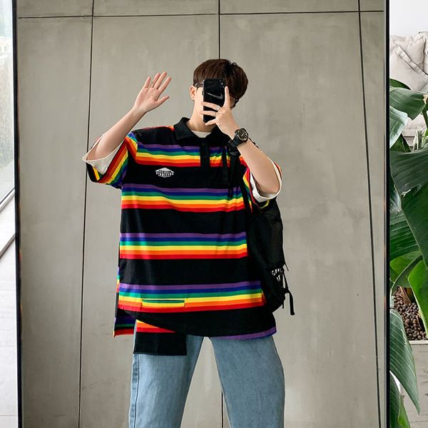 2020 new summer korean trend couple harajuku loose fresh japanese half-sleeved casual rainbow striped cotton shirt, White;black
2020 new summer korean trend couple harajuku loose fresh japanese half-sleeved casual rainbow striped cotton shirt, White;black
