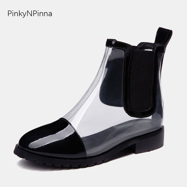 2019 new non-waterproof transparent pvc designer ankle boots female elastic band patent leather round toe shoes woman, Black
2019 new non-waterproof transparent pvc designer ankle boots female elastic band patent leather round toe shoes woman, Black