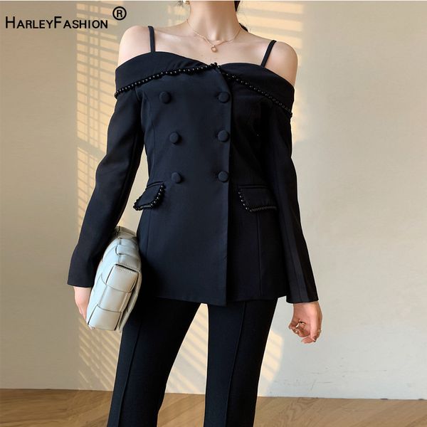 harleyfashion women party design off-the-shoulder double breasted black & white strap beading slim quality high street blazer, White;black
harleyfashion women party design off-the-shoulder double breasted black & white strap beading slim quality high street blazer, White;black