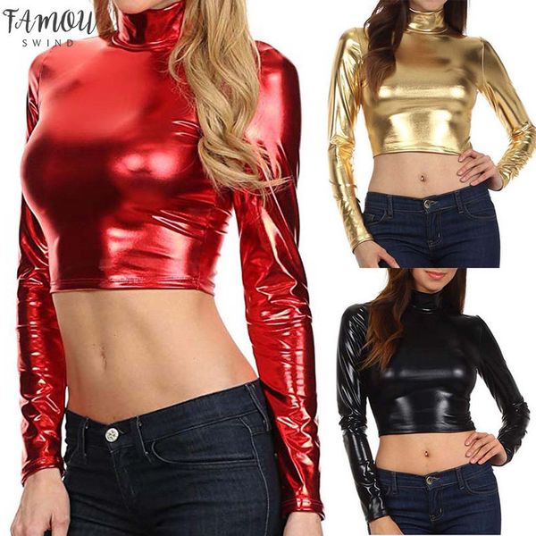 ladies metallic liquid party mock ladies turtleneck short tunic shirts long sleeve cropped t shirt women 0923, White