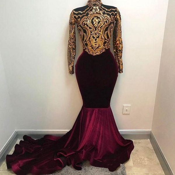 african gold burgundy velvet mermaid prom dresses 2019 high neck long sleeves evening dress arabic party gowns, Black
african gold burgundy velvet mermaid prom dresses 2019 high neck long sleeves evening dress arabic party gowns, Black