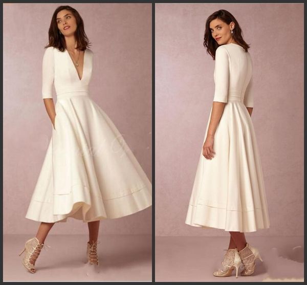 2019 new vintage tea length short wedding dress with sleeves vestido de noiva curto deep v neck summer beach bridal gowns 1179, White
2019 new vintage tea length short wedding dress with sleeves vestido de noiva curto deep v neck summer beach bridal gowns 1179, White