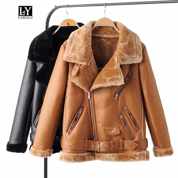ly varey lin winter women faux leather lambs wool fur collar overcoat thick warm loose faux soft leather jacket belt outwear, Black
ly varey lin winter women faux leather lambs wool fur collar overcoat thick warm loose faux soft leather jacket belt outwear, Black
