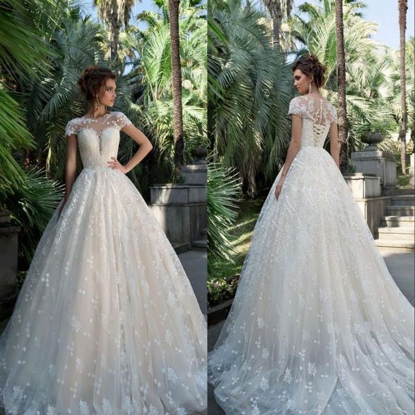 elegant appliques lace wedding dress a-line scoop neck cap sleeve beaded vintage sweep train bride gowns vestido de noiva, White
elegant appliques lace wedding dress a-line scoop neck cap sleeve beaded vintage sweep train bride gowns vestido de noiva, White