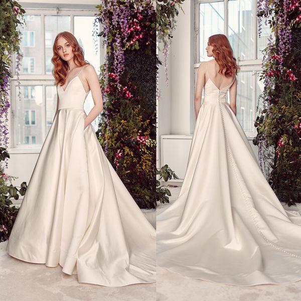 modern a line rita vinieris bohemian dresses spaghetti sleeveless satin ruched wedding gowns sweep train robe de mariée, White
modern a line rita vinieris bohemian dresses spaghetti sleeveless satin ruched wedding gowns sweep train robe de mariée, White