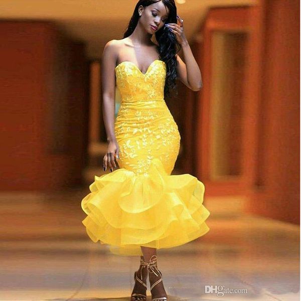 2019 yellow cocktail dresses sweetheart lace applique tea length ruffles skirt evening dresses african girl prom gowns custom made, Black
2019 yellow cocktail dresses sweetheart lace applique tea length ruffles skirt evening dresses african girl prom gowns custom made, Black