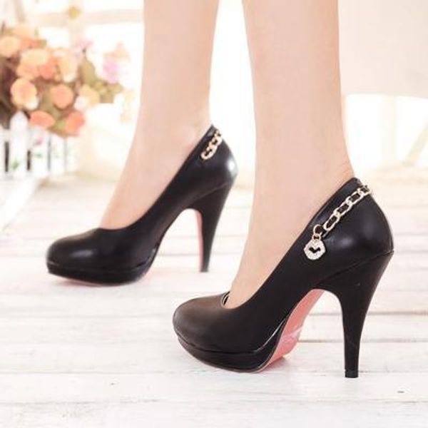 2019 new autumn rhinestone stiletto female metal chain retro british style high heels, Black 
2019 new autumn rhinestone stiletto female metal chain retro british style high heels, Black