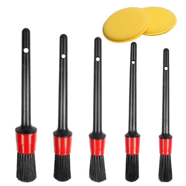 

car detailing brush set, 5pcs auto cleaning brushes with 2 waxing sponge pads for wheel air vent dashboard leather interior en