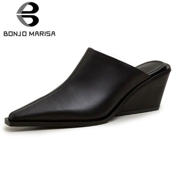 bonjomarisa new concise solid pointed toe mules genuine leather mules women summer high wedges shoes woman, Black
bonjomarisa new concise solid pointed toe mules genuine leather mules women summer high wedges shoes woman, Black