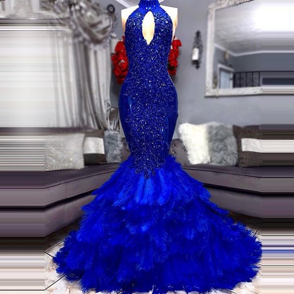 gorgeous royal blue sequined mermaid prom dresses halter neck beaded feather formal dress floor length plus size evening gowns, Black
gorgeous royal blue sequined mermaid prom dresses halter neck beaded feather formal dress floor length plus size evening gowns, Black
