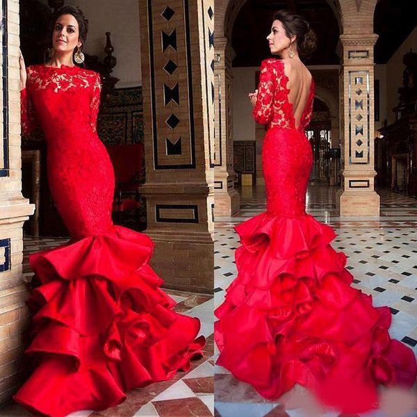 2020 arabic dubai ruffles lace mermaid prom dresses long sleeves satin tiered skirt backless red evening dress vestidos longos de festa, Black
2020 arabic dubai ruffles lace mermaid prom dresses long sleeves satin tiered skirt backless red evening dress vestidos longos de festa, Black