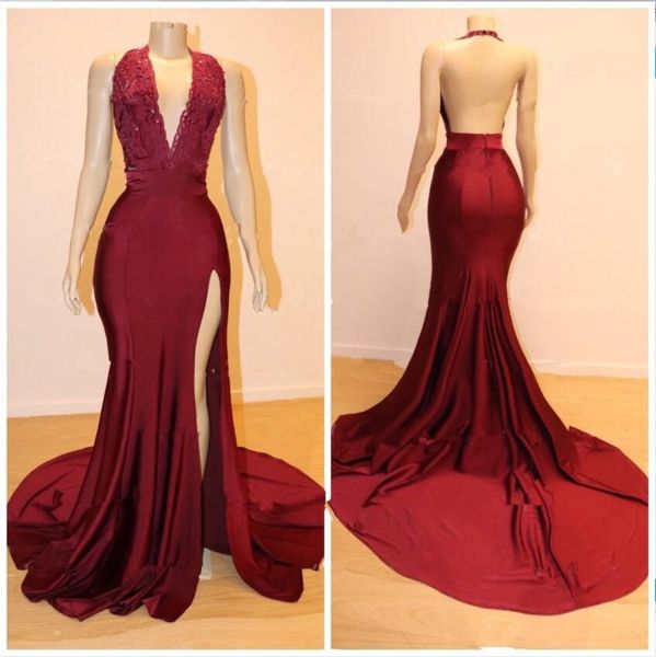v neck formal evening dresses halter deep red girls homecoming dresses side split sweep train backless lace prom dresses, Black
v neck formal evening dresses halter deep red girls homecoming dresses side split sweep train backless lace prom dresses, Black