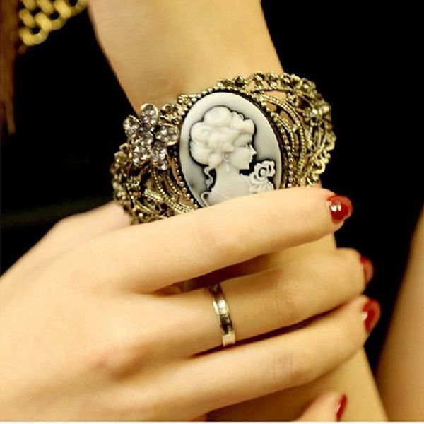 women punk filigree out cuff bracelet vintage bronze engraved cameo statue victorian queen crystal cuff bracelets bangles, Black 
women punk filigree out cuff bracelet vintage bronze engraved cameo statue victorian queen crystal cuff bracelets bangles, Black