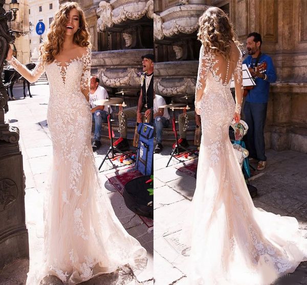 design long sleeves lace appliqued mermaid wedding dresses sheer neckline illusion button back bridal gown vestidos de novia, White
design long sleeves lace appliqued mermaid wedding dresses sheer neckline illusion button back bridal gown vestidos de novia, White