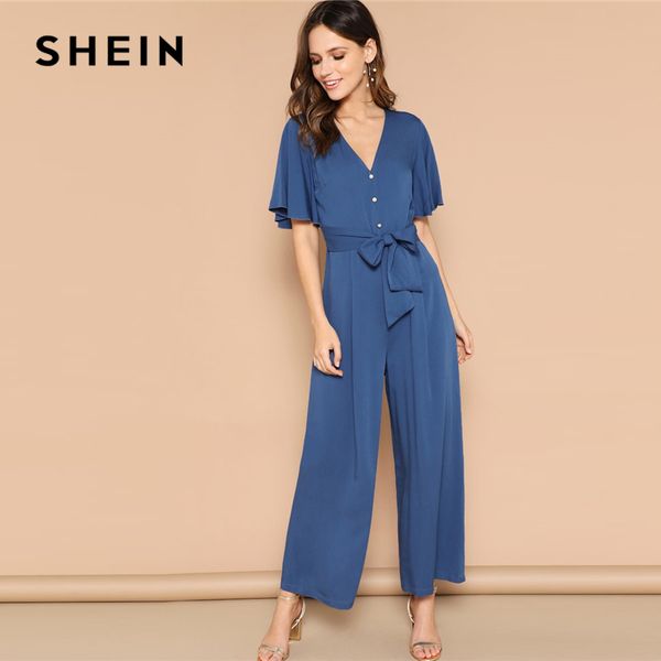 

shein blue button front flutter sleeve belted palazzo jumpsuit spring high waist v neck flounce sleeve women jumpsuits, Black;white