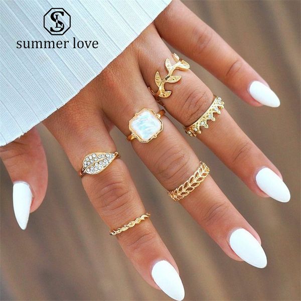 6 pcs/set fashion bohemia leaf crystal crown ring for women set midi ring ornament girl knuckle ring 2019 new jewelry gift, Silver