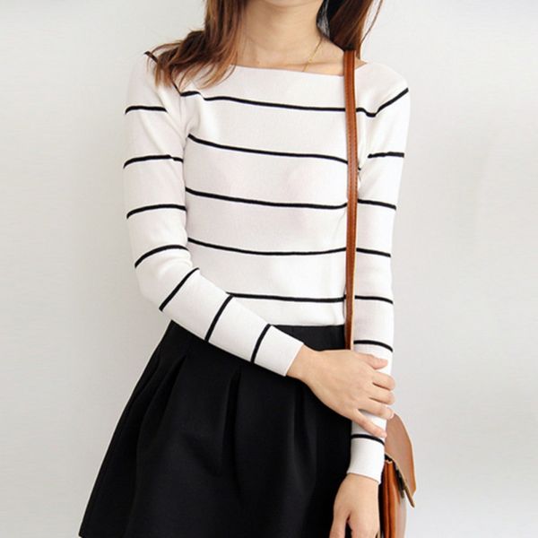 autumn winter striped women's sweater 2019 new slash neck bottoming shirt fashion slim long sleeve knit pullover, White;black
autumn winter striped women's sweater 2019 new slash neck bottoming shirt fashion slim long sleeve knit pullover, White;black