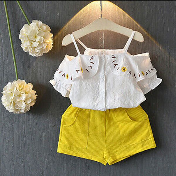 girl clothing sets 2020 summer toddler baby kids girls short sleeve shits+shorts pants set 2pcs clothes, White 
girl clothing sets 2020 summer toddler baby kids girls short sleeve shits+shorts pants set 2pcs clothes, White