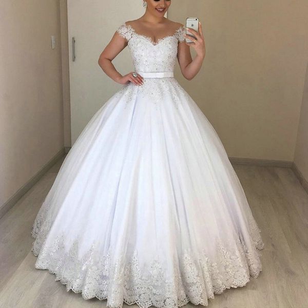 customized appliques lace beaded wedding dresses sheer scoop neckline ball gown with sweep train bridal dress formal party plus size 2020, White
customized appliques lace beaded wedding dresses sheer scoop neckline ball gown with sweep train bridal dress formal party plus size 2020, White