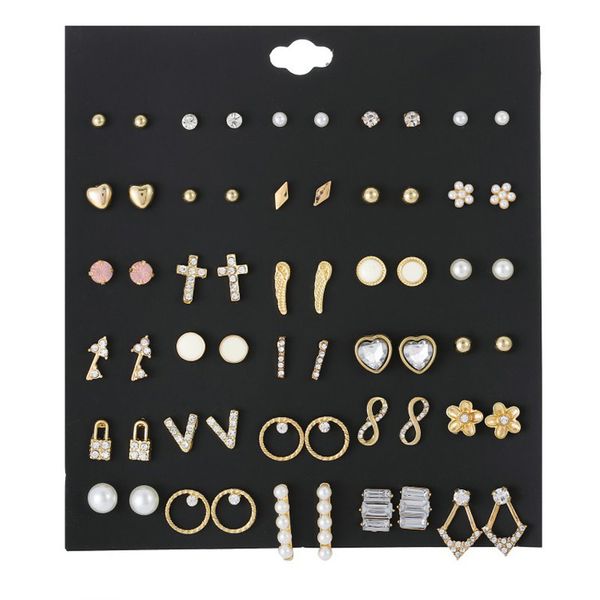 30 pairs/lot women's stud earrings set mix heart lock cross geometry crystal earings imitation pearl ear studs korean jewelry, Golden
30 pairs/lot women's stud earrings set mix heart lock cross geometry crystal earings imitation pearl ear studs korean jewelry, Golden