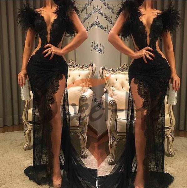 2020 black lace prom dress split formal party pageant wear sheath feather evening dresses v neck see through, Black;red
2020 black lace prom dress split formal party pageant wear sheath feather evening dresses v neck see through, Black;red