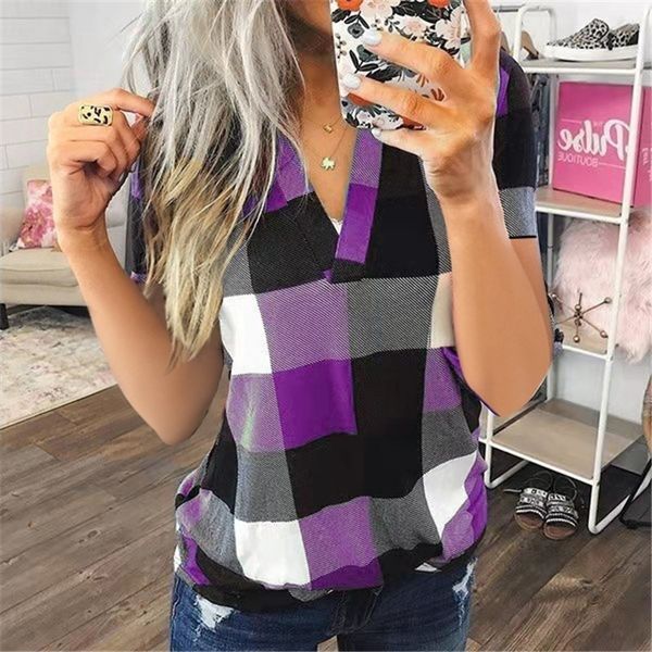 women plaid tee shirts v neck short sleeve 2020 blue casual office lady spring summer thin spliced pullover t shirt, White
women plaid tee shirts v neck short sleeve 2020 blue casual office lady spring summer thin spliced pullover t shirt, White