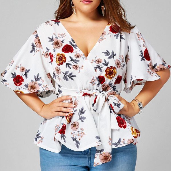 

summer women's blouse plus size v neck floral print flare sleeve belted surplice peplum and blouse blusas feminina new, White