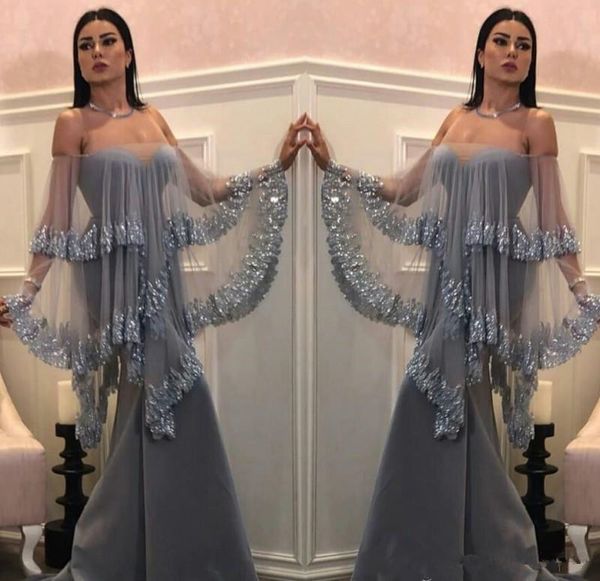 Arabic Prom Dresses 2019 Sexy Off The Shoulder Mermaid Evening Gowns Tulle Tiered Sparkly Sequined Women Formal Party Dress 09