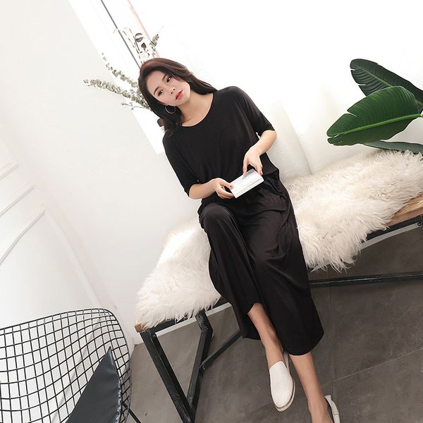 summer women pajamas black two-piece set ladies loose sleepwear wide leg pant suits large size 3xl cotton short sleeve homewear, Blue;gray
summer women pajamas black two-piece set ladies loose sleepwear wide leg pant suits large size 3xl cotton short sleeve homewear, Blue;gray