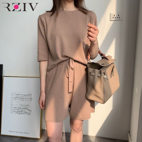rziv summer leisure suit women solid color t-shirt + pants knitted suits, White