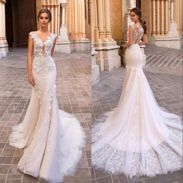 gorgeous mermaid lace wedding dresses sheer v neck cap sleeves bohemian bridal gowns applique plus size vestidos de nnovia, White
gorgeous mermaid lace wedding dresses sheer v neck cap sleeves bohemian bridal gowns applique plus size vestidos de nnovia, White