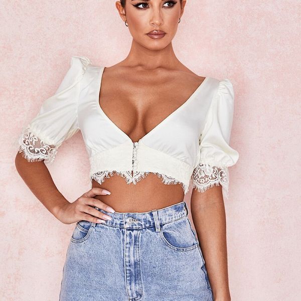 women lace patchwork deep v neck short sleeve party club casual t shirt crop fashion blouse, White
women lace patchwork deep v neck short sleeve party club casual t shirt crop fashion blouse, White