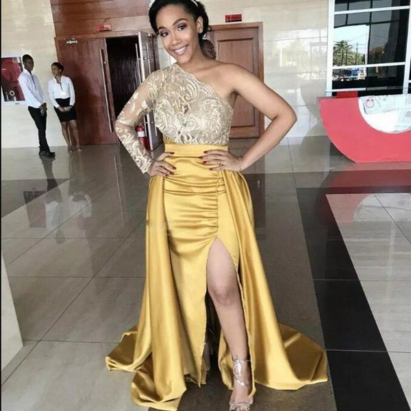 2020 african gold mermaid evening with overskirt one shoulder lace long formal party prom dresses side split, Black;red
2020 african gold mermaid evening with overskirt one shoulder lace long formal party prom dresses side split, Black;red