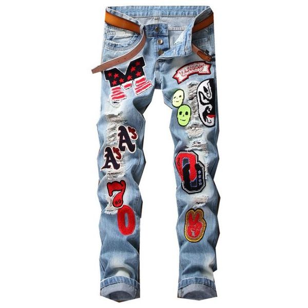 men's badge patches jeans slim fit embroidered ripped skull printing male denim trousers middle waist staight jeans pant j3133, Blue
men's badge patches jeans slim fit embroidered ripped skull printing male denim trousers middle waist staight jeans pant j3133, Blue