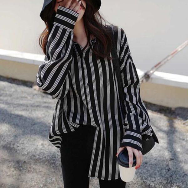 women stripe long sleeve blouse button down lapel collar office work shirts, White
women stripe long sleeve blouse button down lapel collar office work shirts, White