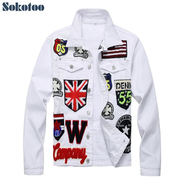 sokotoo men's english flag skull embroidered white jean jacket trendy letters badge long sleeve stretch coat patchwork outerwear, Black;brown
sokotoo men's english flag skull embroidered white jean jacket trendy letters badge long sleeve stretch coat patchwork outerwear, Black;brown