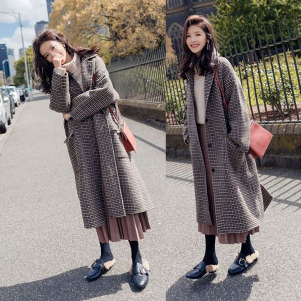 women winter woolen long sleeve overcoat midi length single breasted houndstooth plaid printed jacket loose outwear with pockets, Black
women winter woolen long sleeve overcoat midi length single breasted houndstooth plaid printed jacket loose outwear with pockets, Black